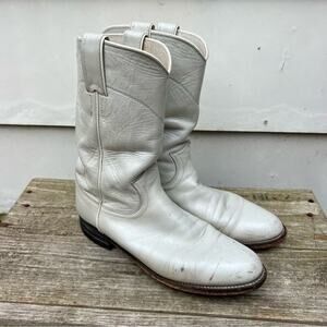 Vintage 90s Justin Boots White Eggshell Pearl Roper Pull On Cowgirl Western 6.5B